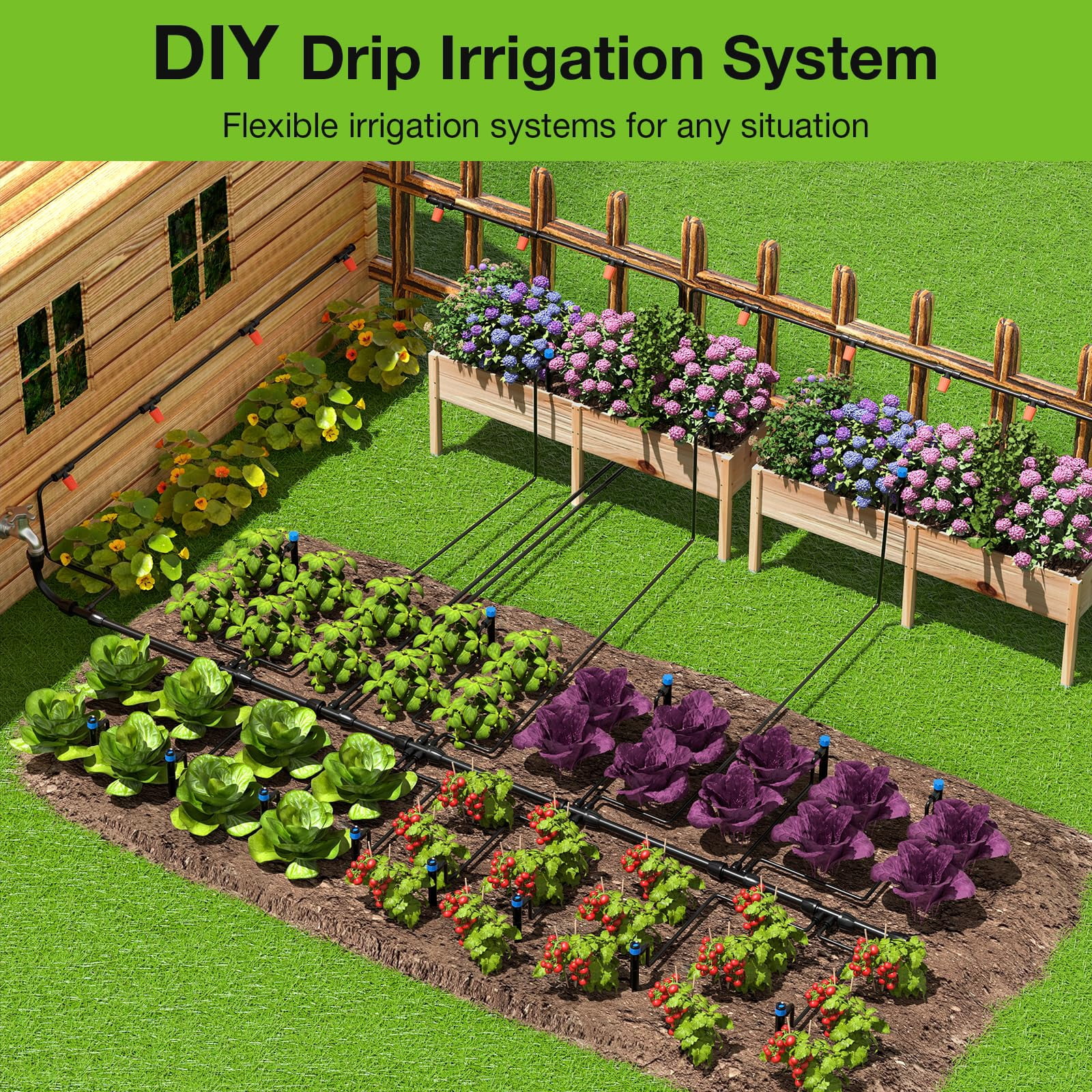 Greenhouse Drip Irrigation Kit Automatic System Patio Misting Plant Watering With 1/4 Inch 1/2 Tubing Hose Adjustable Nozzle Emitters Barbed Fittings
