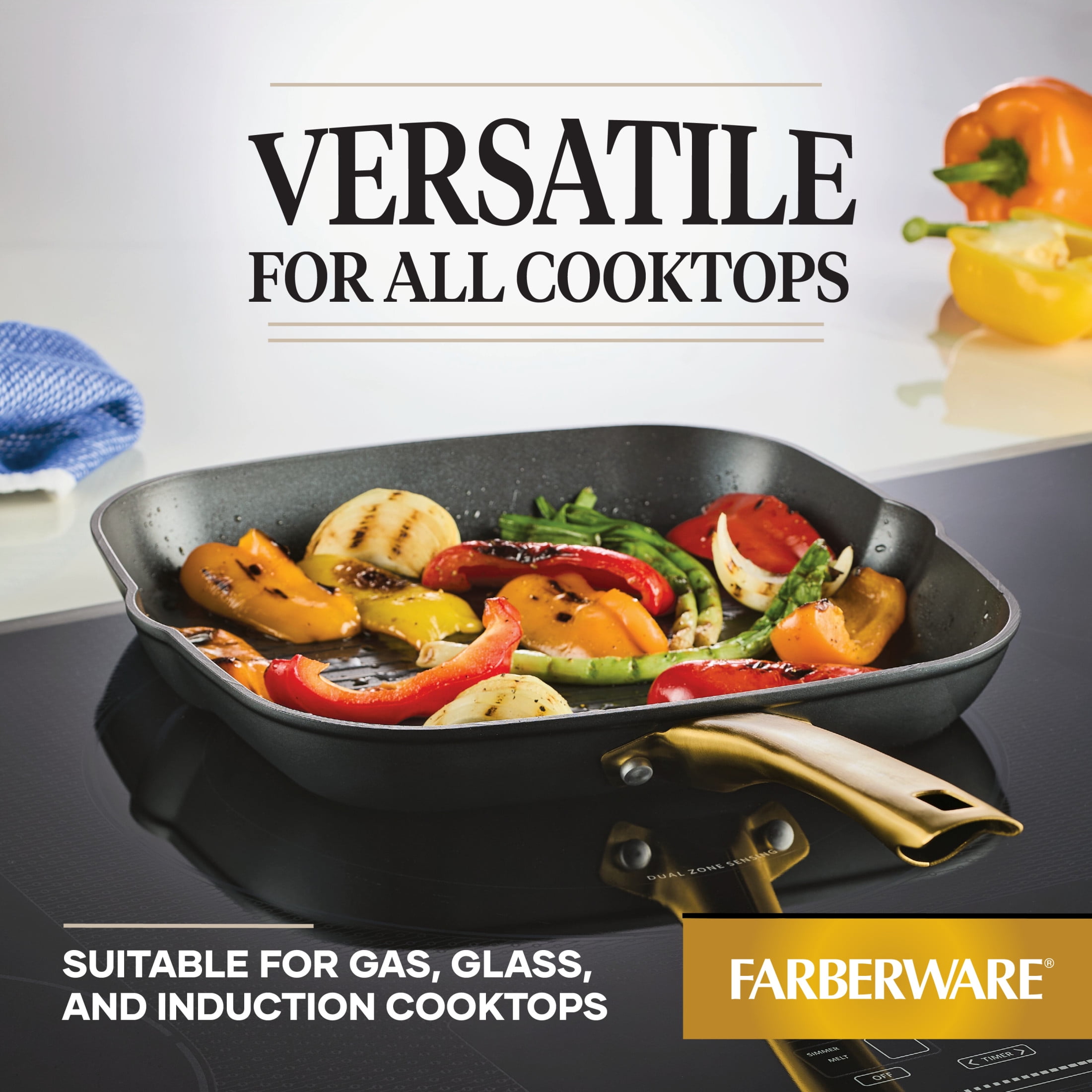 Farberware Forged Induction 11 Inch Ceramic Nonstick Square Grill Pan, Dishwasher Safe and Oven Safe to 500°F, Black