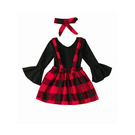 

wsevypo Infant Baby Girls 3 Pieces Outfit Round Neck Flare Long Sleeve Romper + Plaid Suspender Skirts + Headband Set