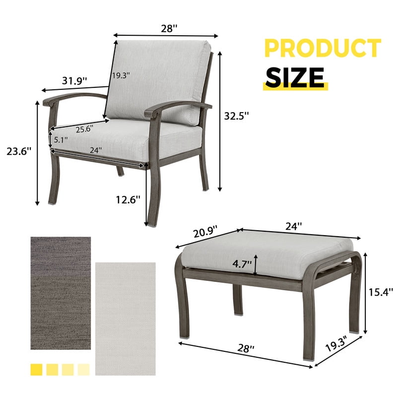 4-Piece Aluminum Patio Conversation Set, 2 Patio Chairs & 2 Ottomans with All-Weather Cushions, Outdoor Patio Furniture Set for Porch Garden