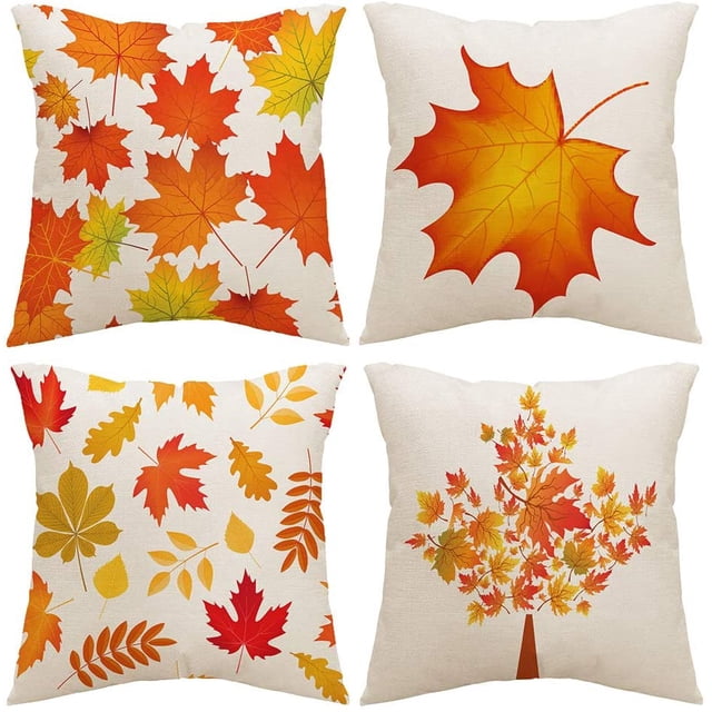 Housses d'Oreiller d'Automne 18x18 Pouces Ensemble de 4 Citrouilles de Récolte Feuilles Automne Vacances Rustique Lin Taie d'Oreiller Décorations de Ferme L'action de Grâce Décor d'Automne pour Canapé Canapé Intérieur Extérieur