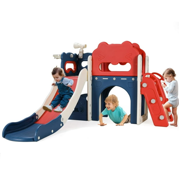 LAZY BUDDY Toddler Slide, 8 in 1 Slide for Kids Climber Playset, Indoor Outdoor Playground with Basketball Hoop, Telescope & Storage Space