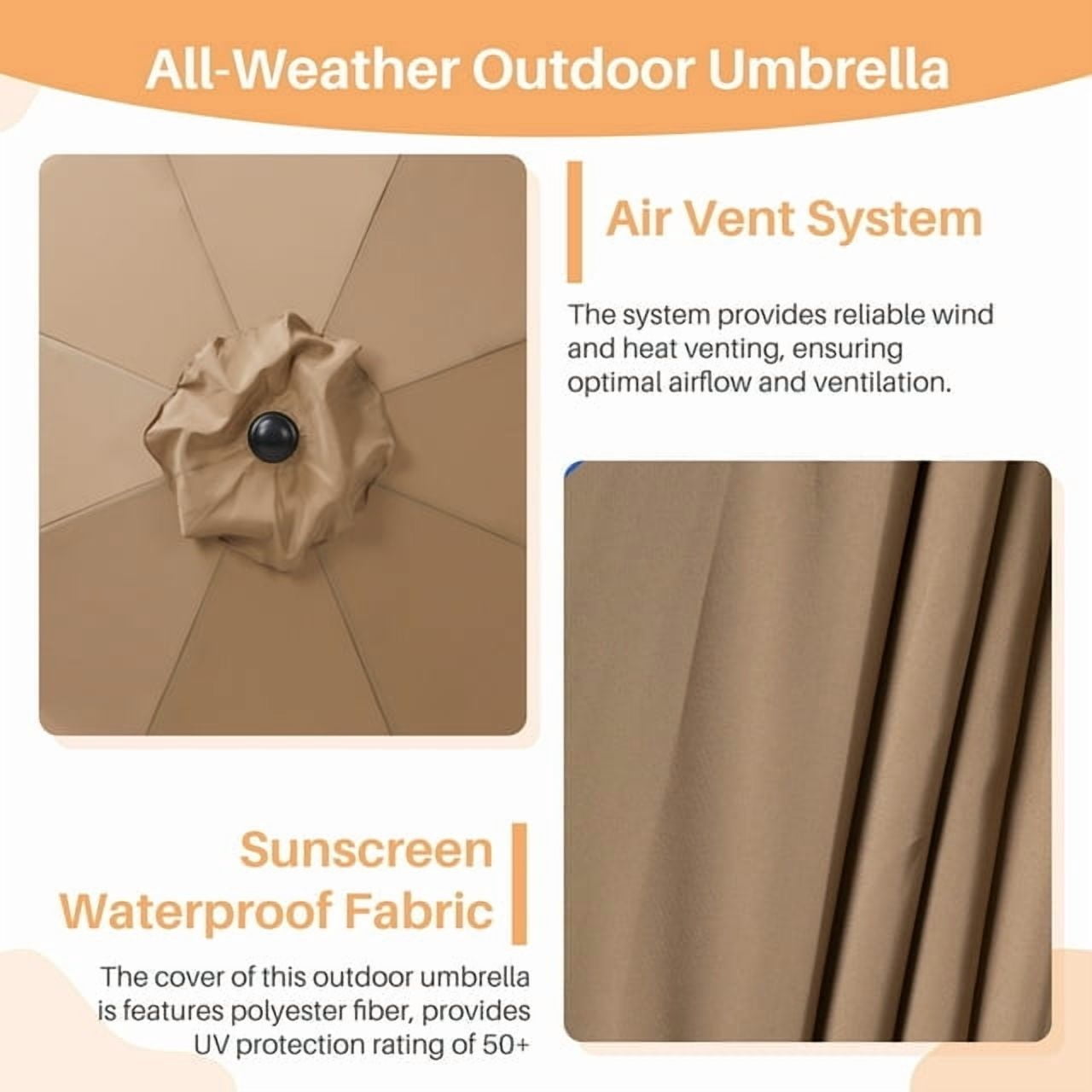 Outdoor Patio Umbrella,9' Outdoor Table Umbrella, Yard Umbrella, Market Umbrella with 8 Sturdy Ribs, Push Button Tilt and Crank, Khaki