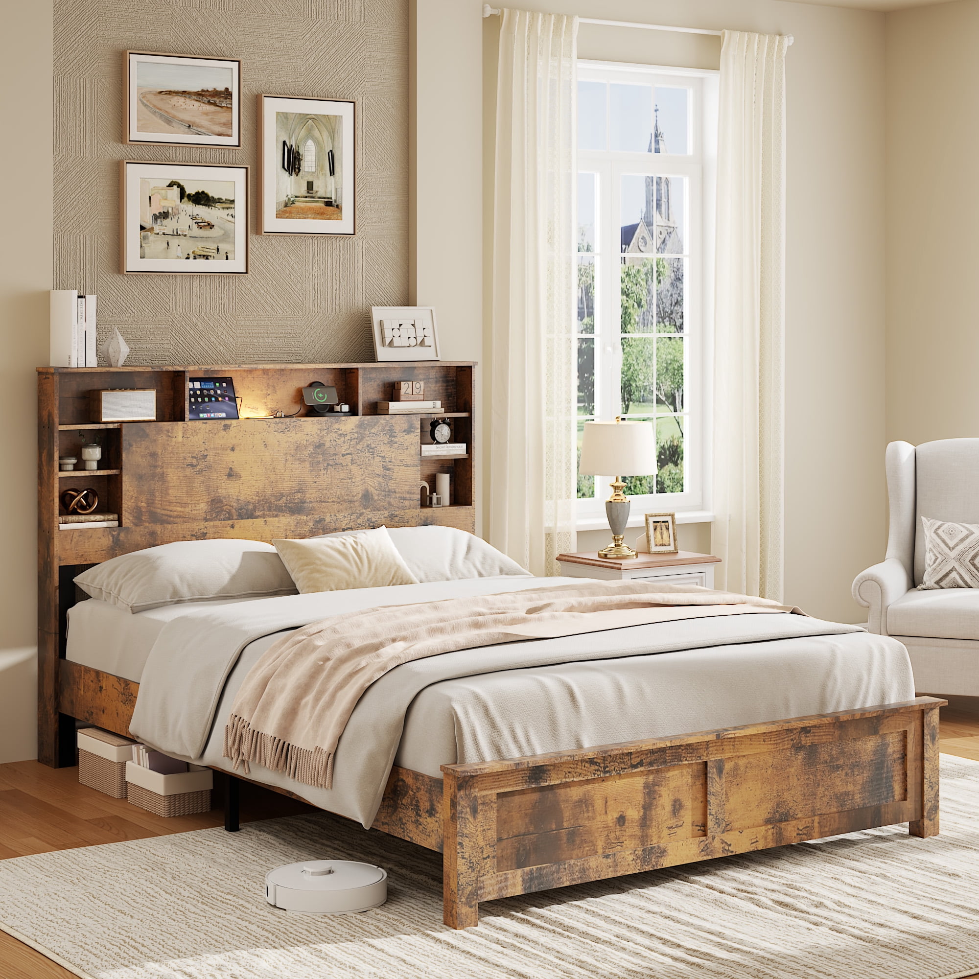 Full Bed Frame 81.02 Inch, Storage Headboard with Charging Station and LED Lights, Wood Platform Bed with Bookcase, No Box Spring Needed, Dark Brown