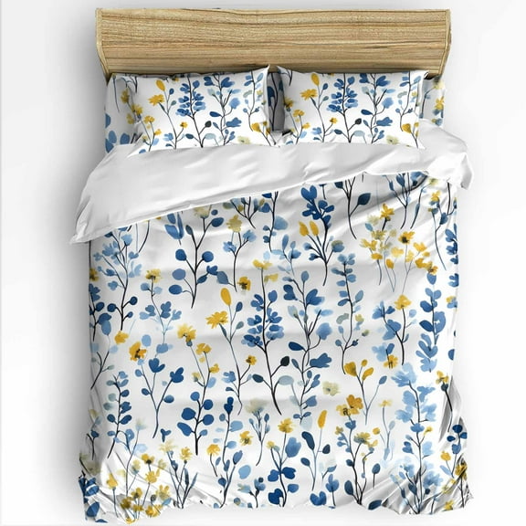 Spring King Size Comforter Set, Watercolor Blue Yellow Wildflower Leaf Pastoral Wind Soft Bedding for All Seasons, 4 Pcs Bed Set with 1Comforter (90"x106") ,1 Sheet(94"x116"), 2 Pillowcases (19"x35")