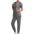 thumbnail image 2 of DPTALR Femmes Pantalon Ample Uni à Multiples Poches Uniforme d'Infirmière à Manches Courtes avec Fermeture Éclair Ensemble à Col en V, 2 of 6