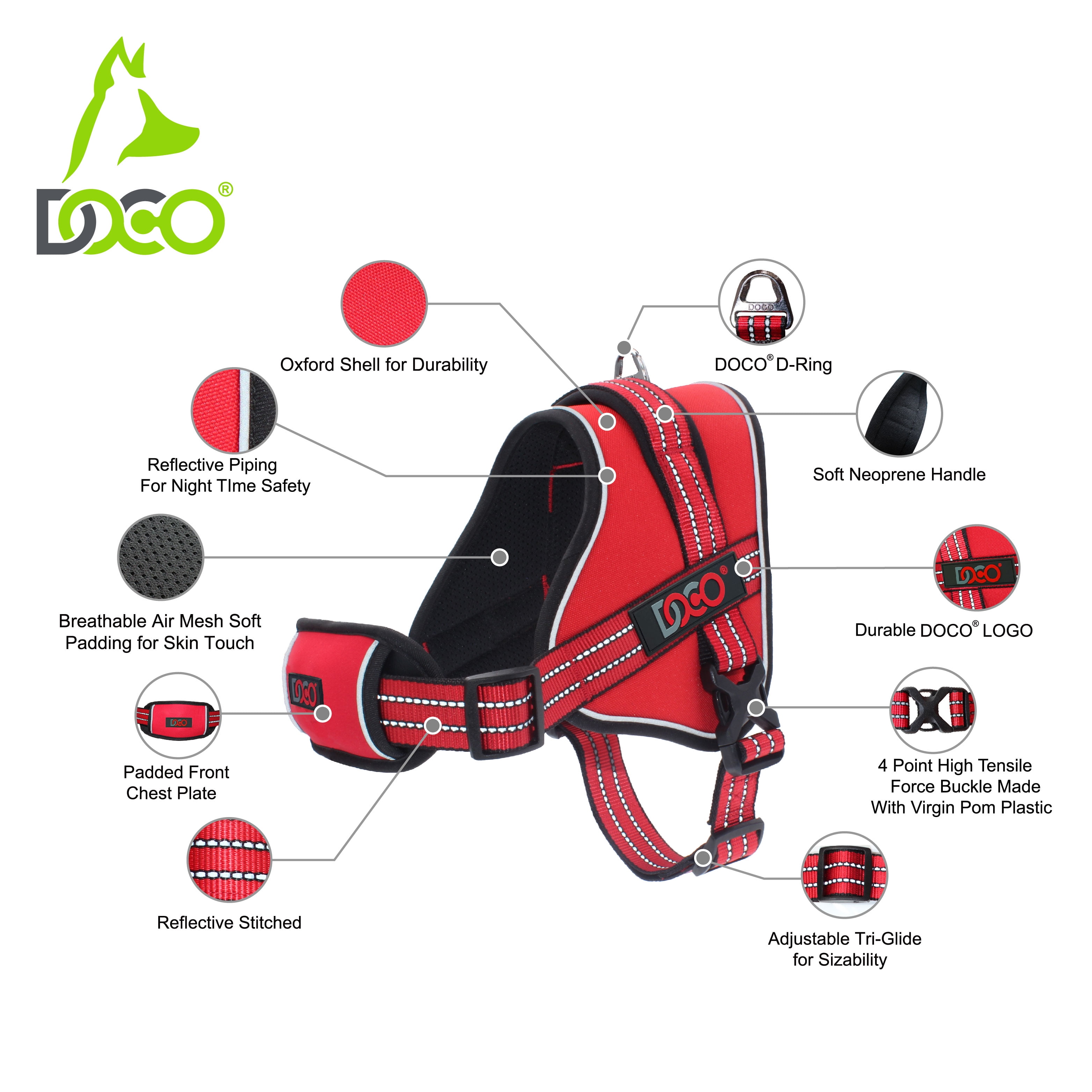 DOCO Vertex Power Dog Harness NO Pull, Adjustable Vest, All-Weather Comfort, Breathable & Lightweight