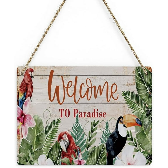 Novelty Welcome To Paradise Rustic Wood Sign Beach Summer Decor for Home Farmhouse Hawaiian Parrot for Bedroom Front Door Patio Backyard Pool Decor 5x10 Inch