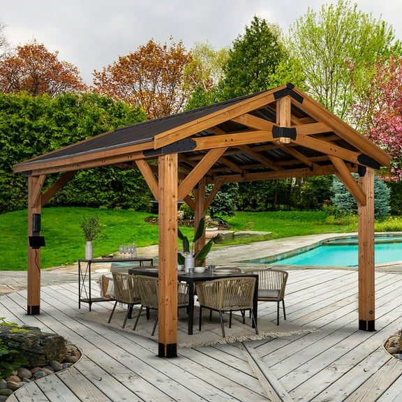 Backyard Discovery Norwood 14' x 12' Cedar Wood Gazebo, Galvanized Steel Roof, PowerPort