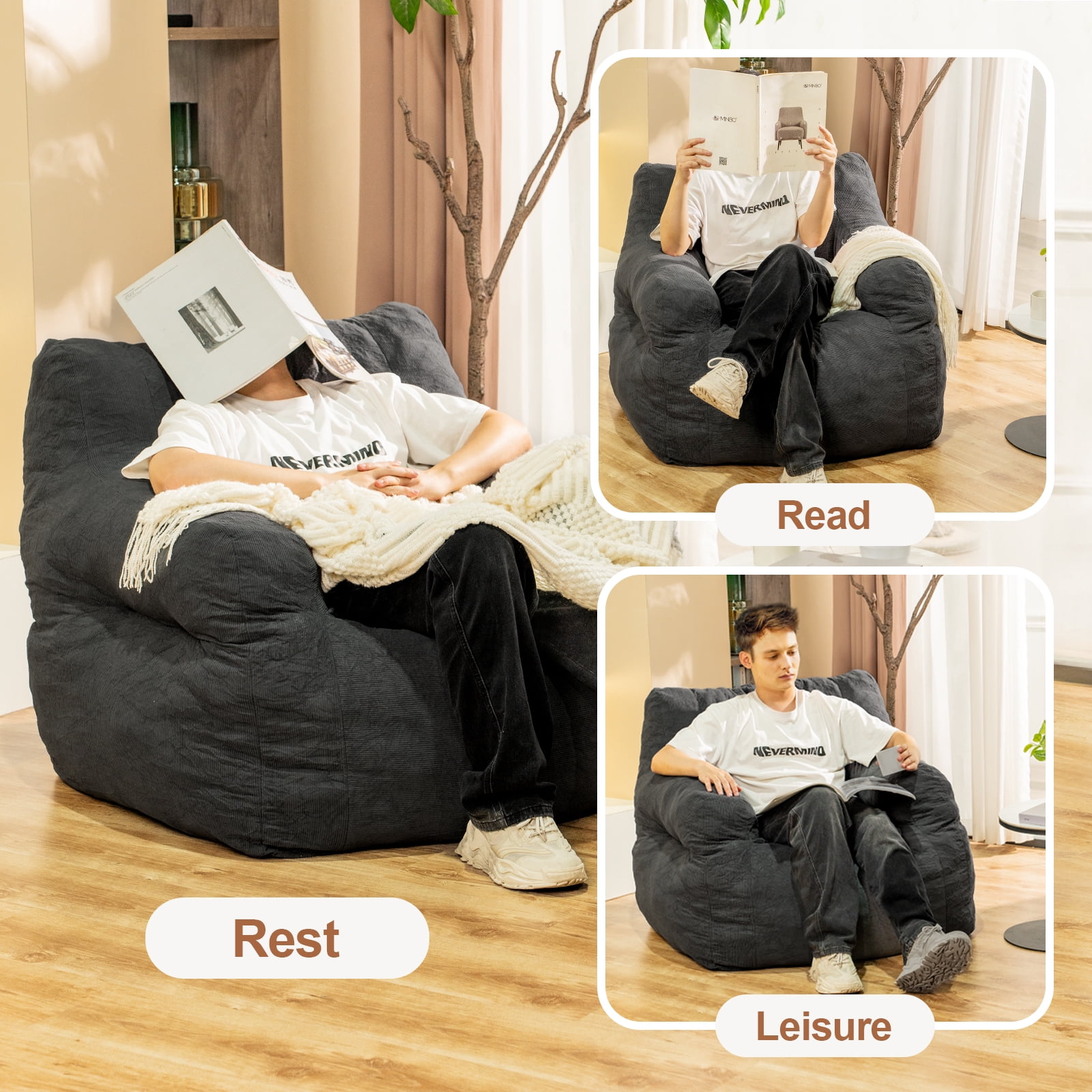 MIERES Bean Bag Chair for Adult Small Bean Bag Chairs with Arms Furry Beanbag Chair with Foam Filler Stuffed Bean Bag Sofa for Reading in Bedroom Living Room and Dorms (Gray)