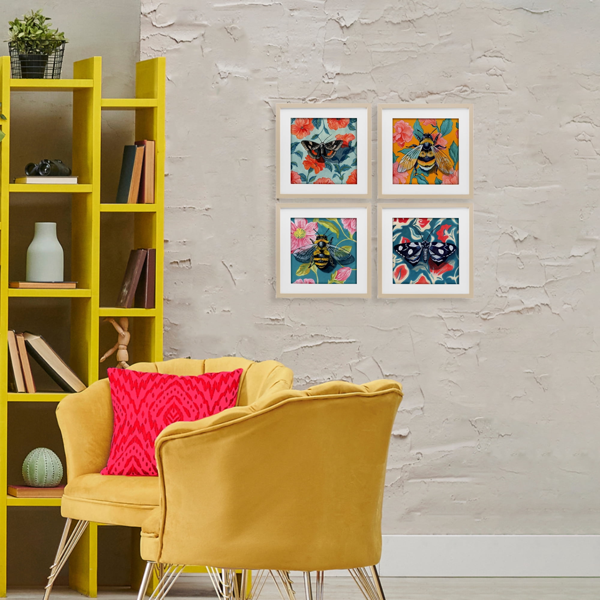Stupell Industries Insects on Flower Patterns 4 Piece Birch Framed Print Under Glass Set, design by Kate Jarvik Birch