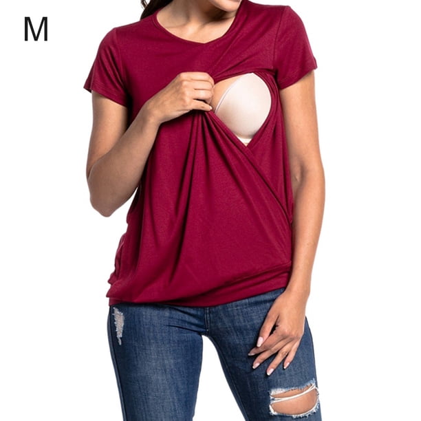 Jumpingount Camiseta de manga corta para mujer, camiseta de lactancia con cuello , ropa de lactancia Prendas para la parte del cuerpo Vino rojo M