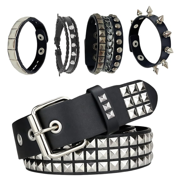 Black Y2K Studded Belt & Studded Bracelets, 5 Pcs, Women's Rock Punk Fashion Accessories