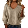 thumbnail image 2 of Tweang V Neck Sweaters for Women Long Sleeve Ribbed Tops for Women Knit Sweater for Women Christmas Blouses for Women Fuzzy Sweater for Women Thin Turtleneck Women Fuzzy Sweater Beige M, 2 of 9