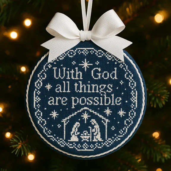 chaungfeng Christmas Cross Stitch Round Ornament, Religious Bow Decorative Pendant, for Christmas Tree, Gift Giving, Festival Display