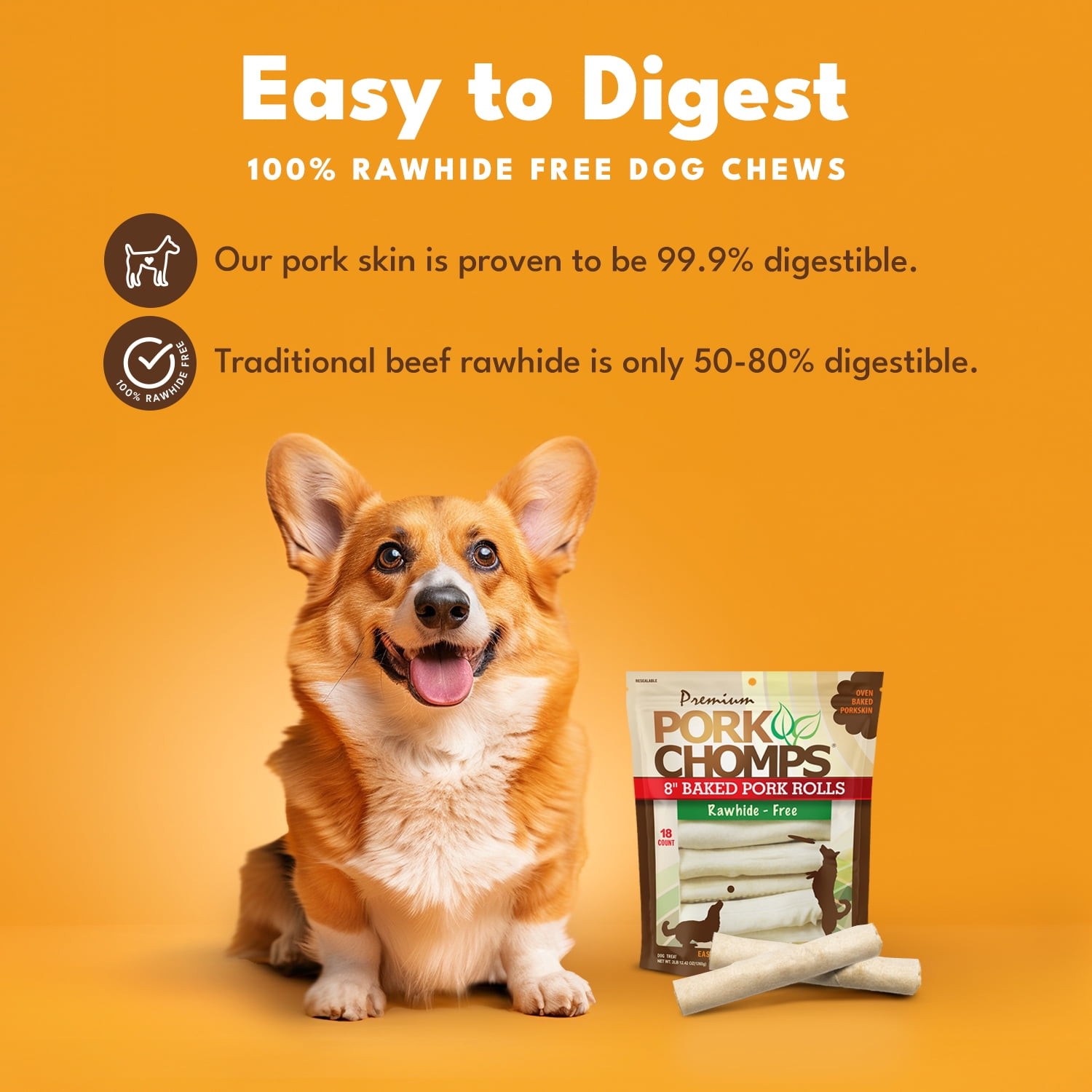 Pork Chomps Premium Rawhide-Free Baked Pork Skin Chew Rolls for Dogs, 8 Inch, 18 Count