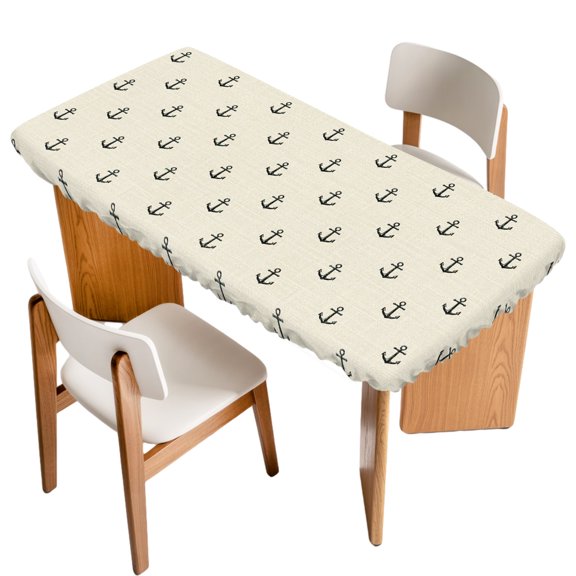 Nautical Anchor Fitted Rectangle Tablecloth 24" x 36" Minimalist Coastal Black Anchor Linen Background Elastic Table Cloth Fits for 3 Foot Folding Tables Waterproof Table Cover for Picnic Camping