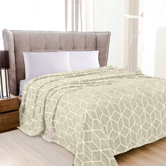 Cube Print All Season Fleece Blanket - Anti-Static - Plush, Soft and Cozy, King/California King, Cream-Beige