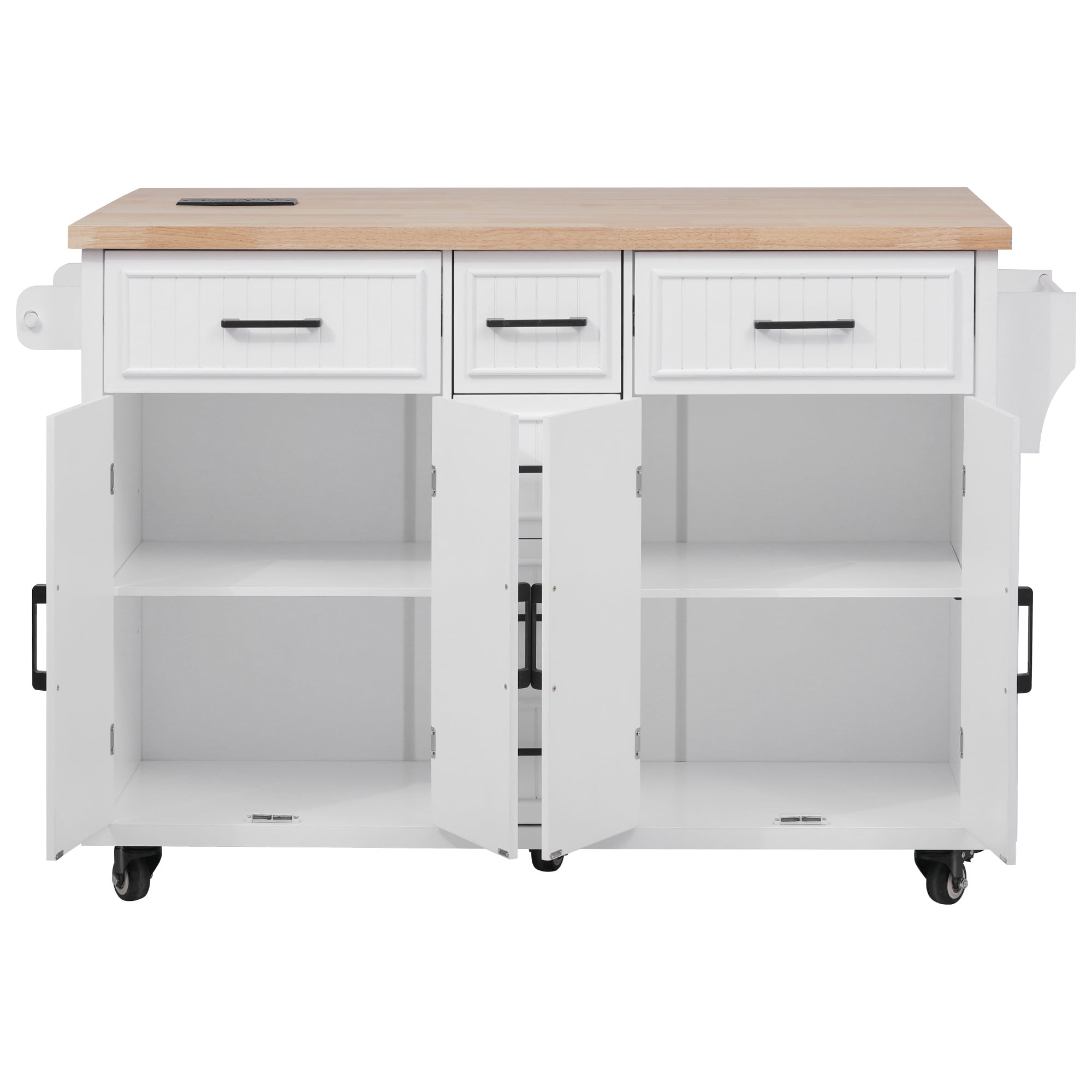 Euroco 56.5'' Kitchen Island with Drop Leaf, Power Outlet, Embossed Vertical Stripe Rolling Kitchen Cart on Wheels with 4 Doors
