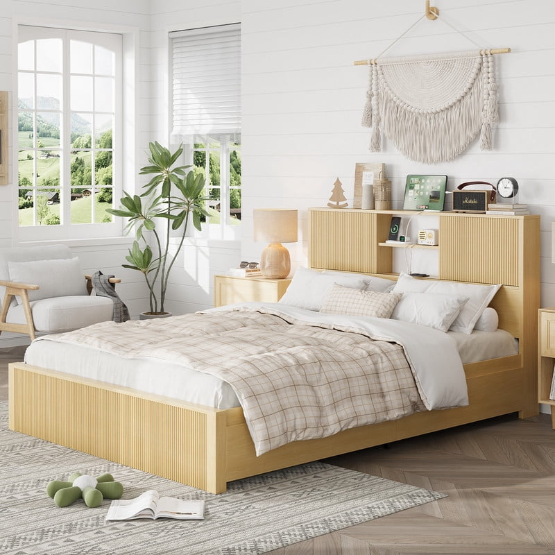 Lumiinofami Queen Size Bed Frame with Storage Drawers, Platform Bed with Charging Station and Storage Headboard, No Box Spring Needed, Noise-Free, Oak