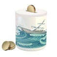 thumbnail image 1 of Nautical Piggy Bank, Ship Being Tossed by Giant Ocean Waves Aquatic Old Vessel Sea Journey Illustration, Ceramic Coin Bank Money Box for Cash Saving, 3.6" X 3.2", Aqua Taupe, by Ambesonne, 1 of 4