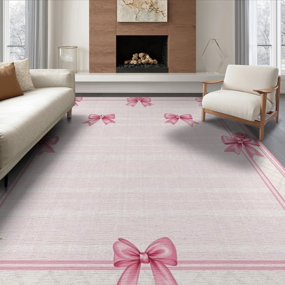 ODIKA 8'x10' Washable Area Rug Pink Coquette Ribbon Symmetrical Bordered Lattice Layout for King Size Bedroom Under Bed, Master Suite, Non-Shedding, Easy Care