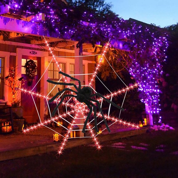 Halloween Spider Web Lights Decoration, 120 LED Spider Webs Halloween Decorations Outdoor with 35" Large Spider 12 Ft Light Up Giant Spider Web