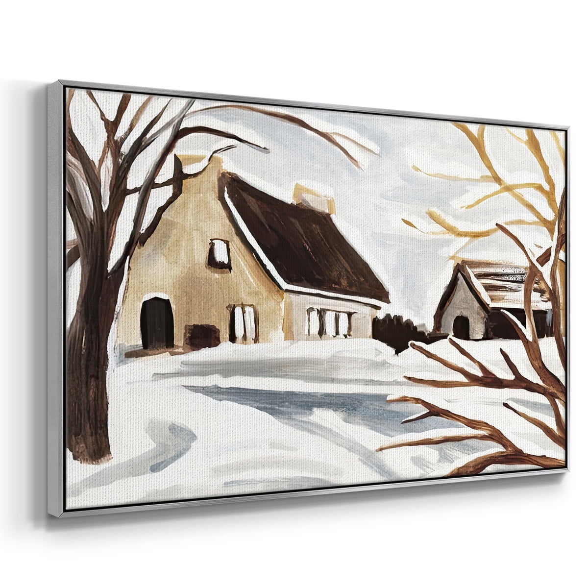 Winter Cottage II - Framed Gallery Wrapped Holiday Canvas - 27 x 41 - Silver Frame