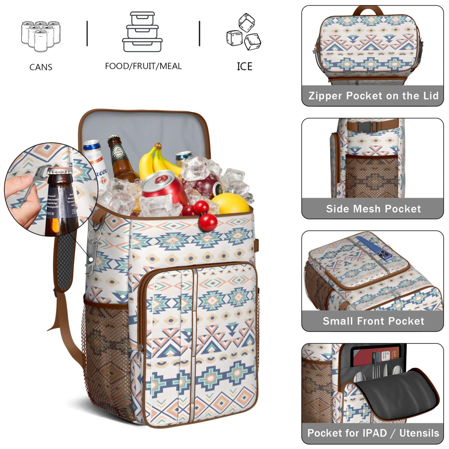 Travel Cooler Bag - Boho Bohemia Pioneer Flower Geometric Line Art Camping Beer Cooler Backpack with Bottle Opener- Waterproof Insulated Picnic Backpacks - Cooler Bag for Beach