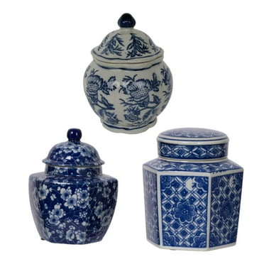 CC Home Furnishings Set of 3 Blue and White Decorative Jars 6"