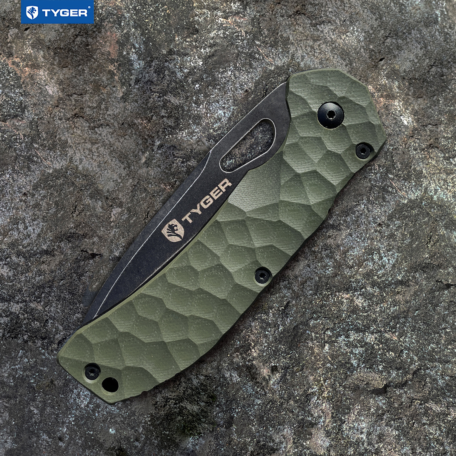 Tyger K4 EDC Folding Pocket Knife | Stone-washed AUS-8 Steel Blade with Black Titanium Ion Carbide Coating | Green G-10 Handle | TG-KF7A2368