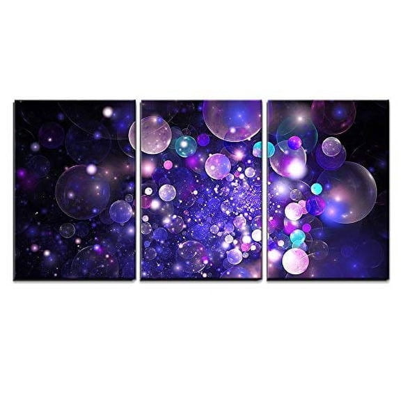 wall26 - 3 Piece Canvas Wall Art - Abstract Glowing Purple and Blue Bubbles on Black Background. Fractal Art - Modern Home Art Stretched and Framed Ready to Hang - 24"x36"x3 Panels