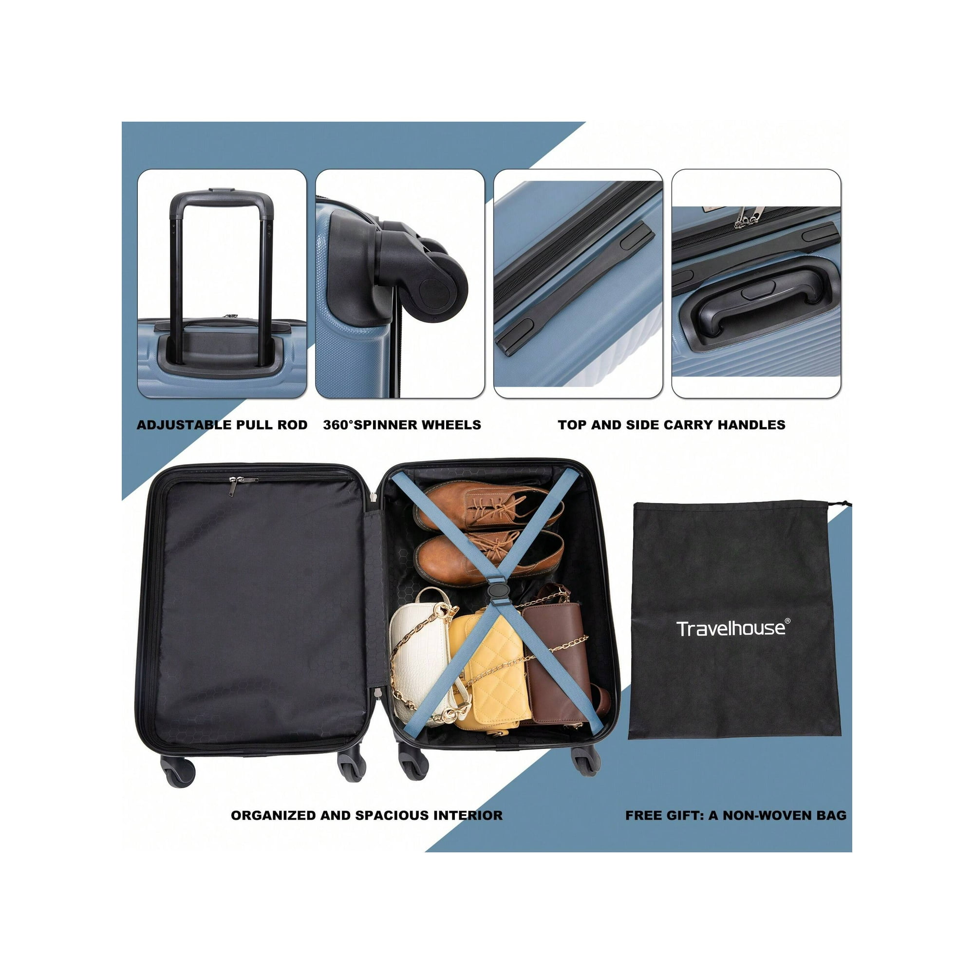 Travelhouse Hardside Carry On Luggage Airline Approved Travel Suitcase With Spinner Wheels Multi Directional Spinner Wheels Upright Lightweight