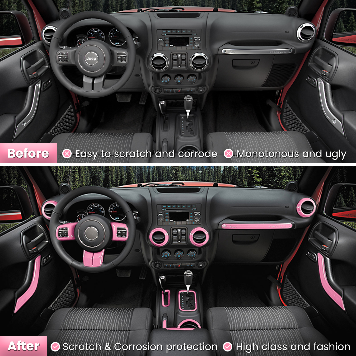 18 PCS Full Set Interior Decoration Trim Kit Steering Wheel Center Console  Door Handle Air Conditioning Vent Cup Holder Gear Cover Trim for Jeep  Wrangler JK JKU 2011-2018 4-Door (Pink)