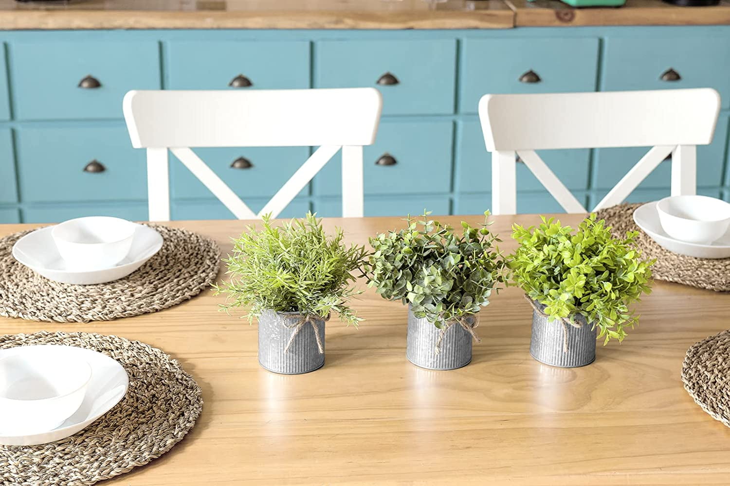 Mkono Fake Plants in Farmhouse Metal Pots Artificial Plants Table Centerpiece Home Decor, Set of 3