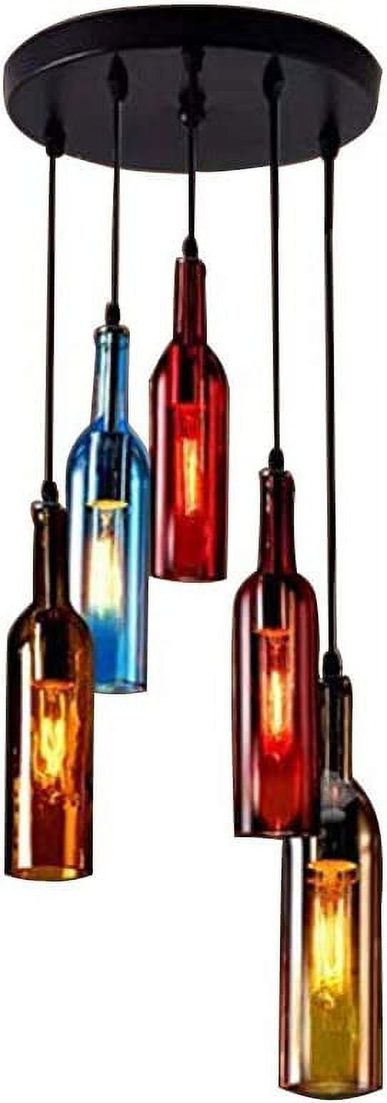 FETCOI Color Glass Beer Bottle Chandelier 5 Heads Glass and Metal Suspension Device Ceiling Glass Ceiling Light Fixture Chandelier(Round)