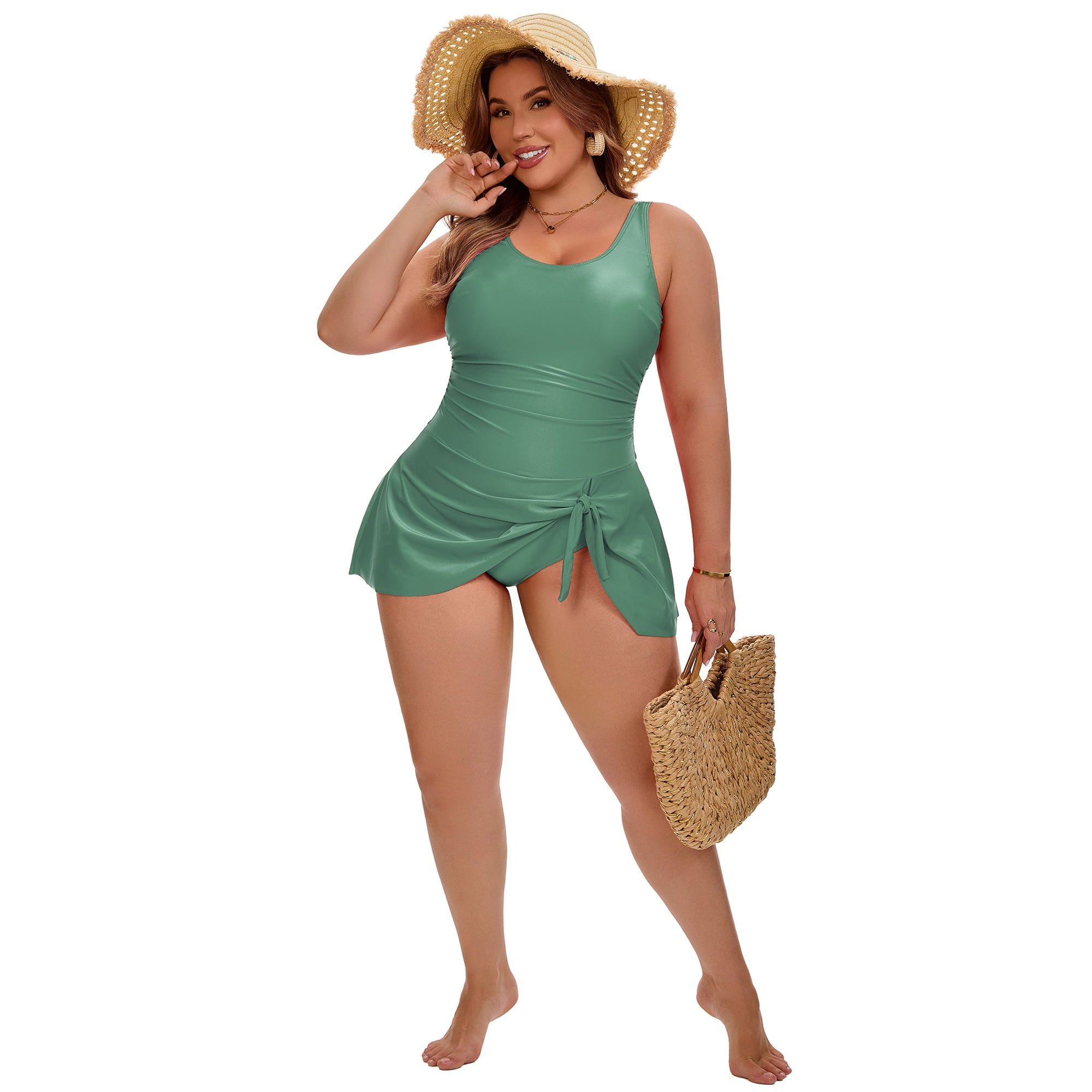 DARING DIVA Women's Plus Tummy Control Beach Vacation Swimdress 4X Army Green
