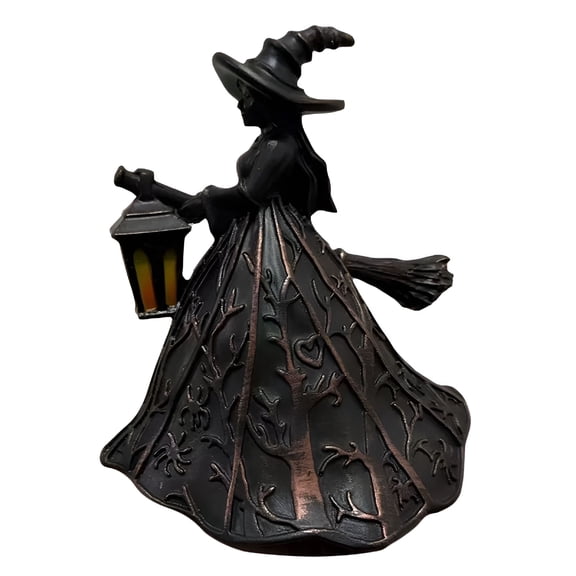 HIBIBUD Gothic Halloween Witch Lamp,Led Resin 3D Witch Figurine Night Light with Lantern,Spooky Stained Glass Style Standing Decor for Home,Porch & Indoor Party