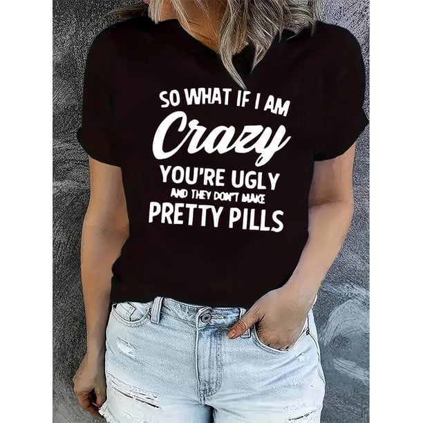 Women's Trendy Crazy Letter Print Tee - Casual Round Neck Short Sleeve, Stretchy Polyester Blend, Machine Washable - Perfect for Summer & Holidays