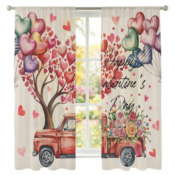 Valentine's Day Sheer Curtains 72 Inch Long 2 Panels Watercolor Red Truck Floral Heart Balloon Tree Linen Texture Light Filtering Rod Pocket Curtains, Sheer Voile Drapes for Bedroom 52"x72"