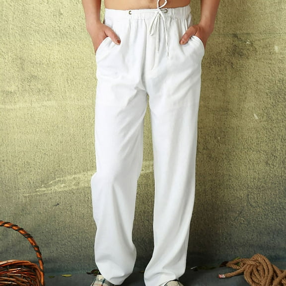 UTTOASFAY Mens Pants Men Fashion Cotton Linen Plus Size Casual Elastic Waist Pockets Long Pants White 16(XXXXL)