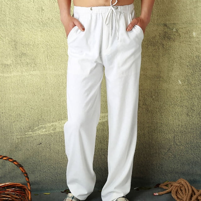 cllios Mens Cotton Linen Pants Big and Tall Regular Fit Solid Color Beach Trousers Summer Lightweigt Drawstring Elastic Waist Lounge Pants with Pockets