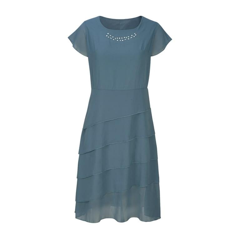 Frsasu Women's Chiffon Ruffle Midi Dress Short Sleeve Asymmetrical Hem Elegant Wedding Guest Cocktail Party formal Dress Navy