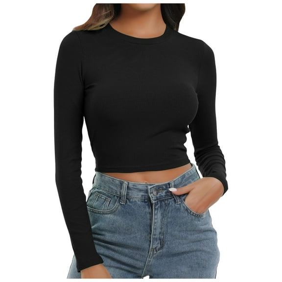 HJYCHN Crop Tops for Women Round Neck Long Sleeve Knit Ribbed Fitted Crop Top Casual Basic Shirts for a Bodycon Tops for Women 2026 Black L