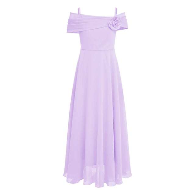 TiaoBug Robe de Demoiselle d'Honneur à Épaules Dénudées pour Fille, Robe de Demoiselle d'Honneur Junior en Mousseline, Robe Maxi de Fête Lavande 14
