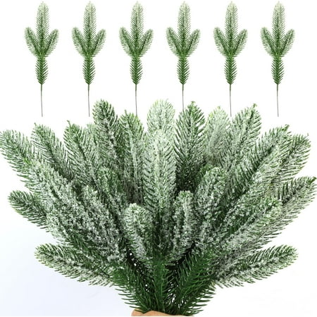 40PCS Christmas Snow Frosted Pine Branches Artificial Christmas Picks and Sprays White Tree Filler Branches Flocked Pine Needles Sprigs Stem for Wreath Garland Decorations Craft