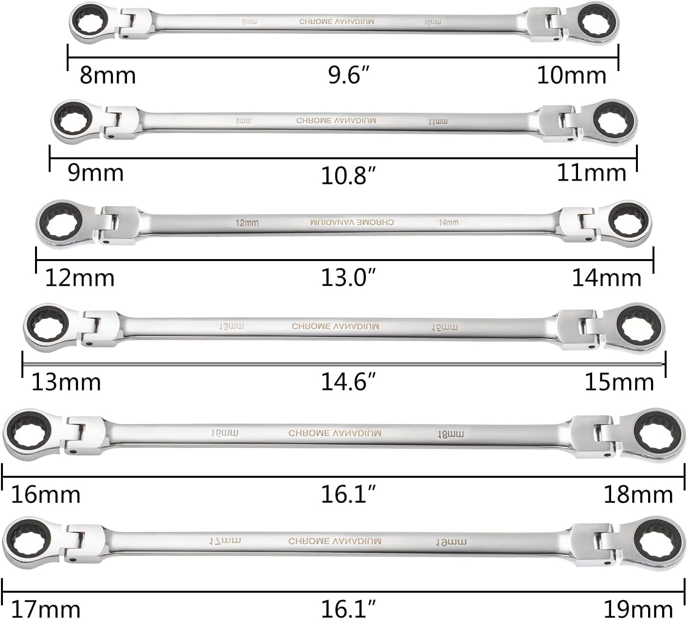 SHZOND 6Pcs Extra Long Flex Head Ratcheting Wrench Set Metric 8-19mm Double Box End Wrench Set Laser Etched Steel Wrenches