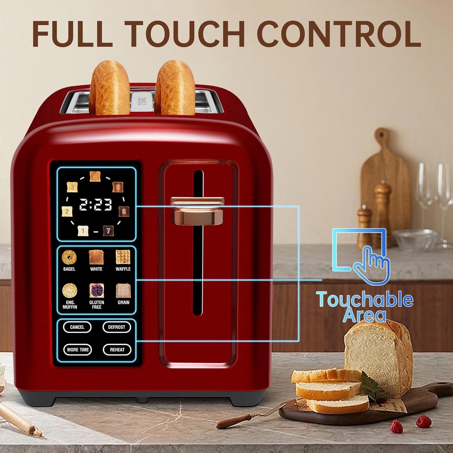 Toaster 2 Slice, Touch Control Stainless Toaster LCD Display, 50% Faster Heating Speed, 1.4'' Wide Slots, More Timer Functions, Removable Crumb Tray, 1350W, Dark Metallic