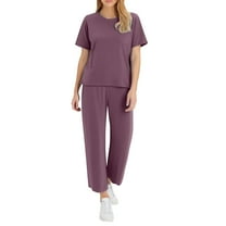 Women Solid Two Piece Sets, Summer Loungewear Vacation Travel Outfits Short Sleeve V Neck T-Shirt Wide Leg Pants Suits Family Outfits Matching Sets Purple L