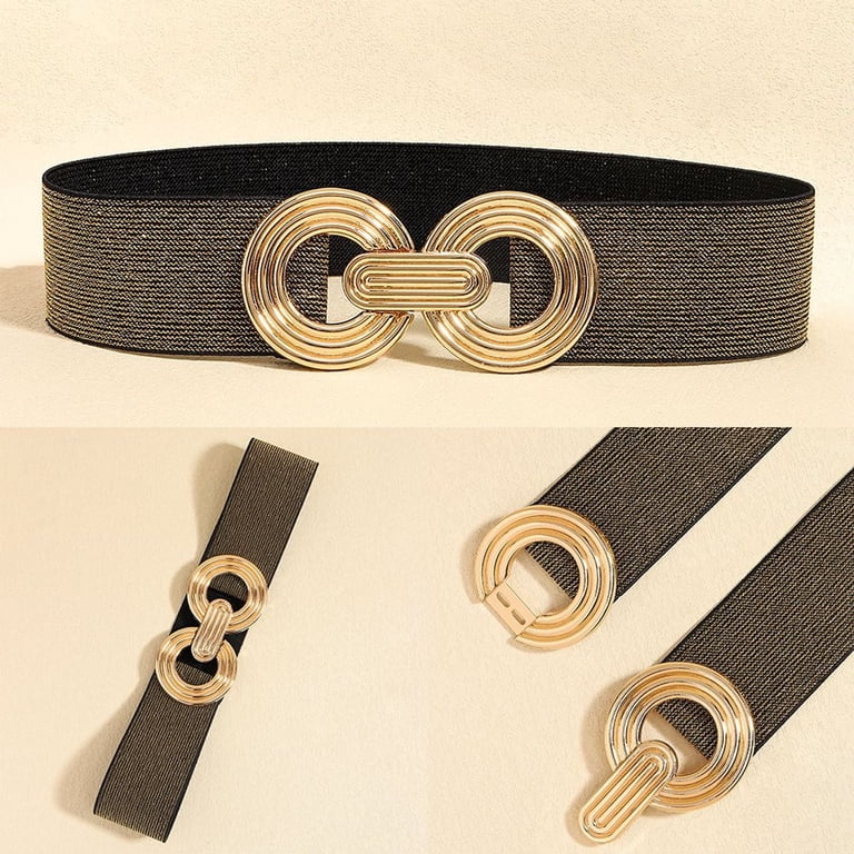 Defitshape Women's Rhinestone Belt Buckle Belt for Dress Stretch Holeless Slim Classic Fashion Adjustable Belts Black Gold X-Small-Large